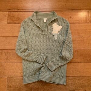 LL Bean Cable Knit Sweater Custom Maine Map Patch Sage Green Cotton